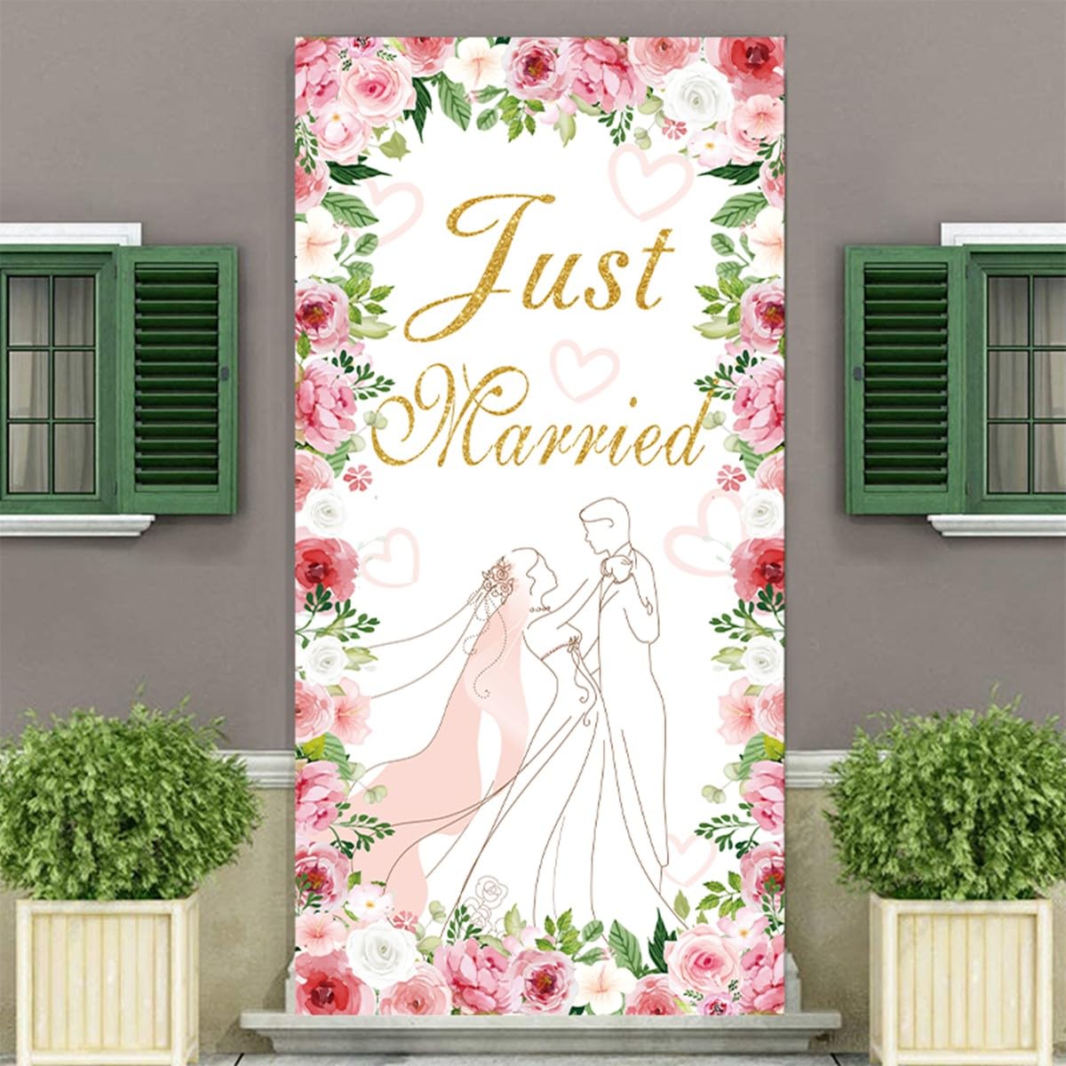 LOONELO Just Married Wedding Door Cover with 70.8''X35.4'', Floral Bridal Shower Hanging Banner Porch Sign for New Couple Wedding Ceremony, Engagement, Bachelorette Party Supplies