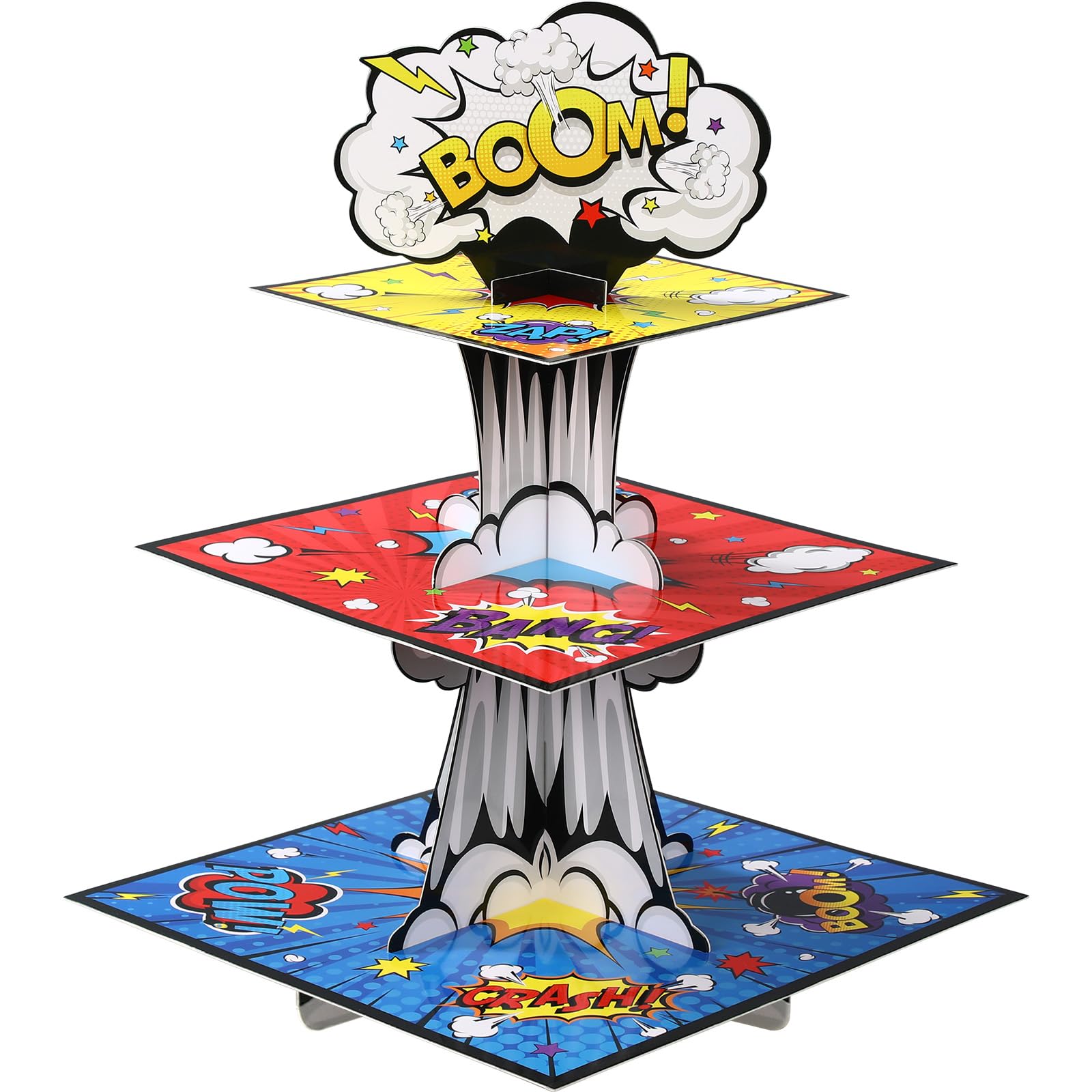 Zopeal 3 Tiers Hero Cupcake Stand Hero Theme Party Supplies Action Hero Cupcake Holder Hero Themed Treat Stand Cupcake Tower for Boys Girls Comic Book Birthday Decorations