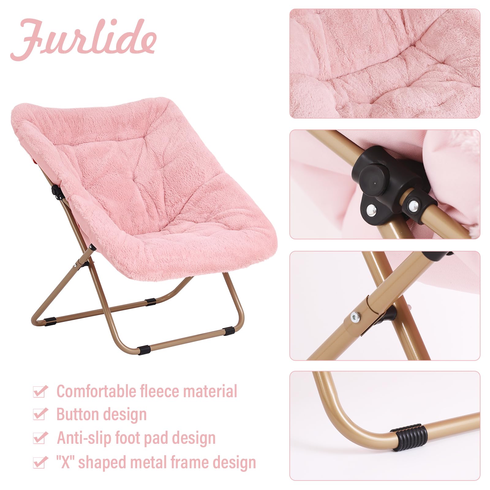 Furlide Dorm Chair, Comfy Bedroom Chairs, Oversized Folding Faux Fur Chair, Foldable Metal Frame Chair for Bedroom, Living Room, Balcony (Pink)