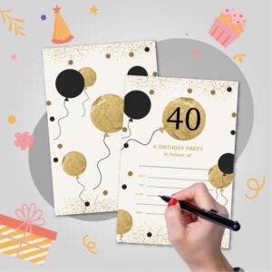 VNWEK 40th Birthday Party Invitations With Envelopes,Black and Gold Balloons Double-sided Printed Birthday Invitation Invite Cards for Women Men,40 Year Old Birthday Invites(20 Sets)