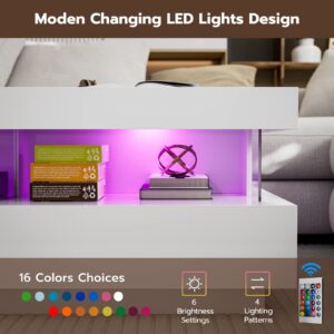 IKIFLY Modern High Glossy Coffee Table, White Coffee Table with 2 Storage Drawers and Acrylic Design Open Space, Rectangle Coffee Table with 16 Colors LED Lights for Living Room