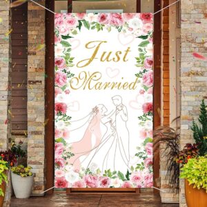 loonelo just married wedding door cover with 70.8''x35.4'', floral bridal shower hanging banner porch sign for new couple wedding ceremony, engagement, bachelorette party supplies