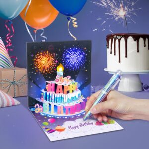 INPHER Birthday Cards Fireworks Pop Up Cake Blowable Light and Music Happy Birthday Card Gifts for Women Men Mom Kids