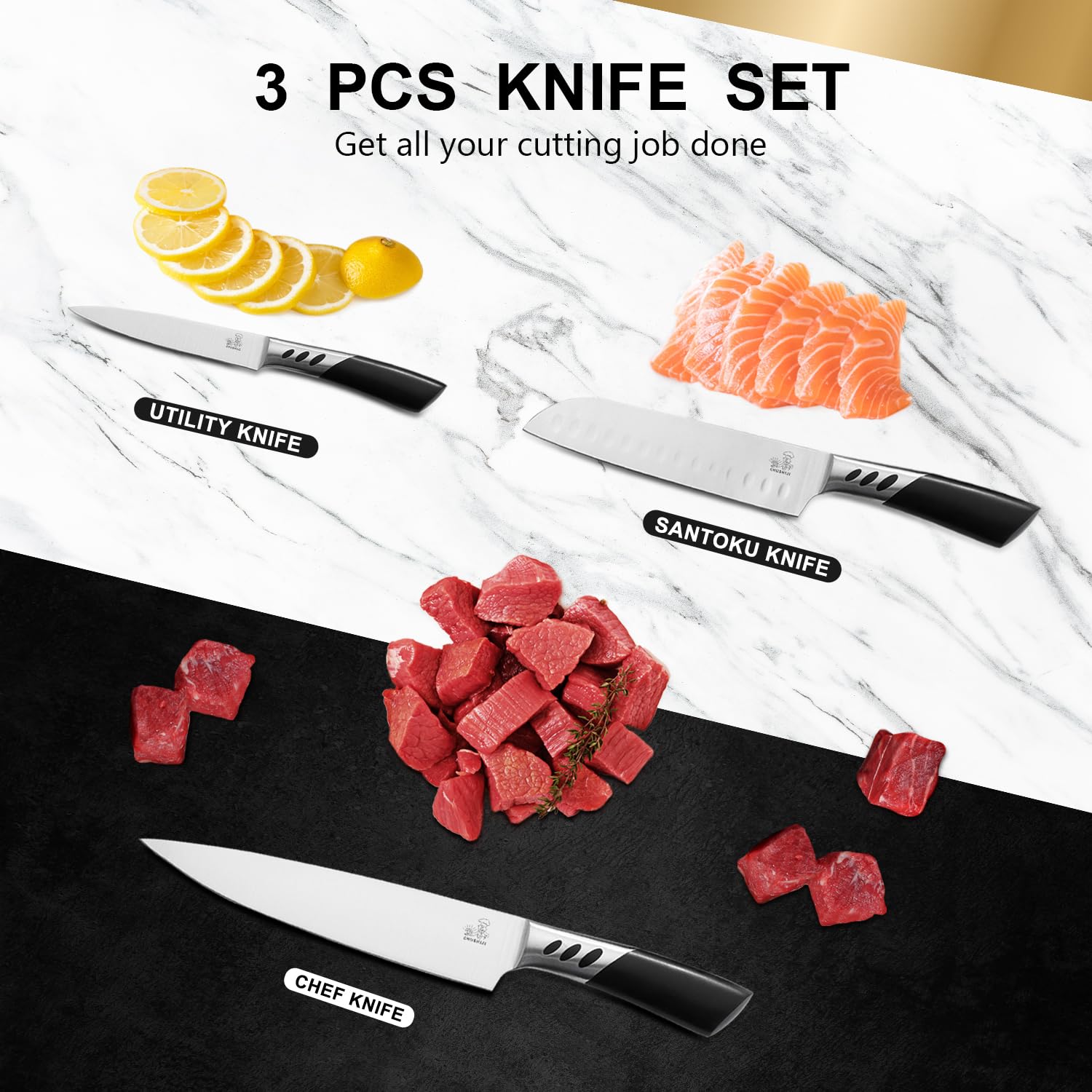 CHUSHIJI Chef Knife Ultra Sharp High Carbon Stainless Steel Chef knife set 3 piece knife set 8 inch Chefs knife, 5 inch Paring Knife kitchen knife set kitchen knife