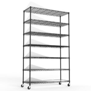 pouseayar nsf heavy-duty 7-tier metal shelving unit - 2450 lbs capacity, adjustable, with wheels/leveling feet & waterproof shelf liners - ideal for garage, kitchen, and more - black