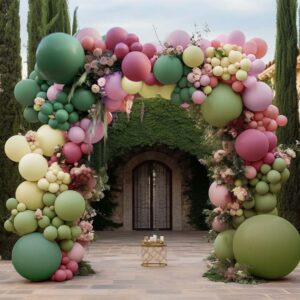 pink green yellow balloon garland - double stuffed sage green dusty rose pink olive matte balloons pastel balloon arch kit for baby shower birthday summer wonderland party decoration