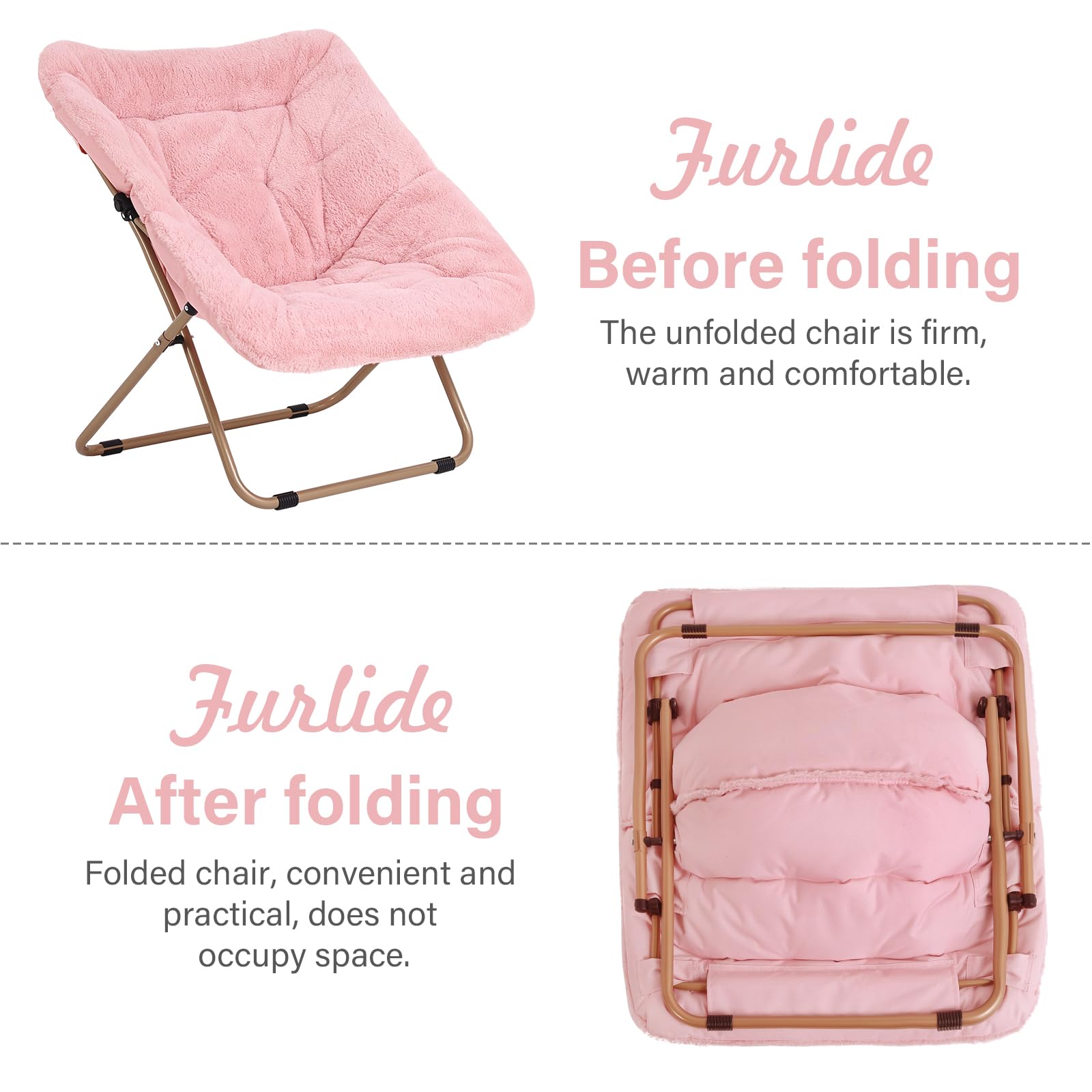 Furlide Dorm Chair, Comfy Bedroom Chairs, Oversized Folding Faux Fur Chair, Foldable Metal Frame Chair for Bedroom, Living Room, Balcony (Pink)