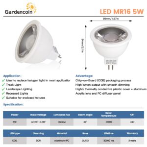 Gardencoin 5W GU5.3 MR16 LED Bulbs, 2700K Soft White, Dimmable, IP65 Waterproof Low Voltage 9-17V AC/DC Bi-Pin Base, 38° Beam Angle for Landscape, Recessed, Track Lighting, 6 Pack