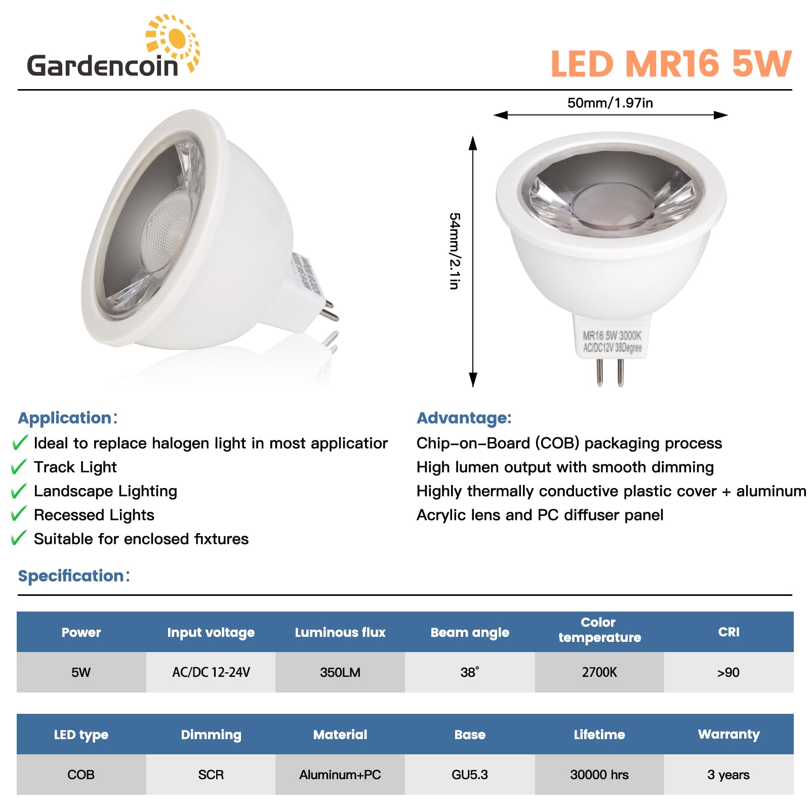 Gardencoin 5W GU5.3 MR16 LED Bulbs, 2700K Soft White, Dimmable, IP65 Waterproof Low Voltage 9-17V AC/DC Bi-Pin Base, 38° Beam Angle for Landscape, Recessed, Track Lighting, 6 Pack