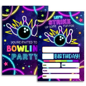 fujloy bowling birthday invitation, bowling birthday party invitation cards, rainbow neon glow bowling invite.（052）