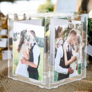 ourwarm acrylic wedding card box with picture frame for 8x10 photos, large rotatable envelope post money gift box holder with lock slot for reception anniversary graduation birthday party baby shower