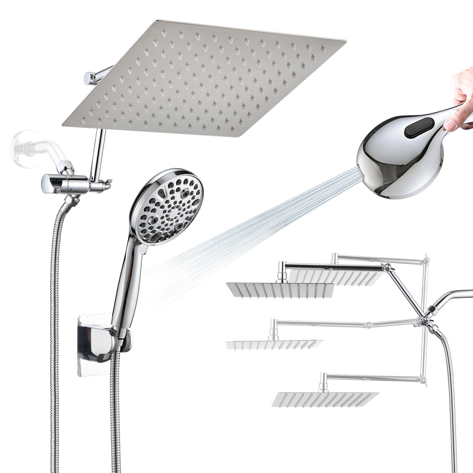 PDP Bath 10" Rainfall Shower Head with Handheld Spray, Dual Rain Showerhead with High Pressure 10-Setting Wand Combo, 16" Adjustable Extension Arm Build-in 3-way Diverter, 6ft Hose - Chrome