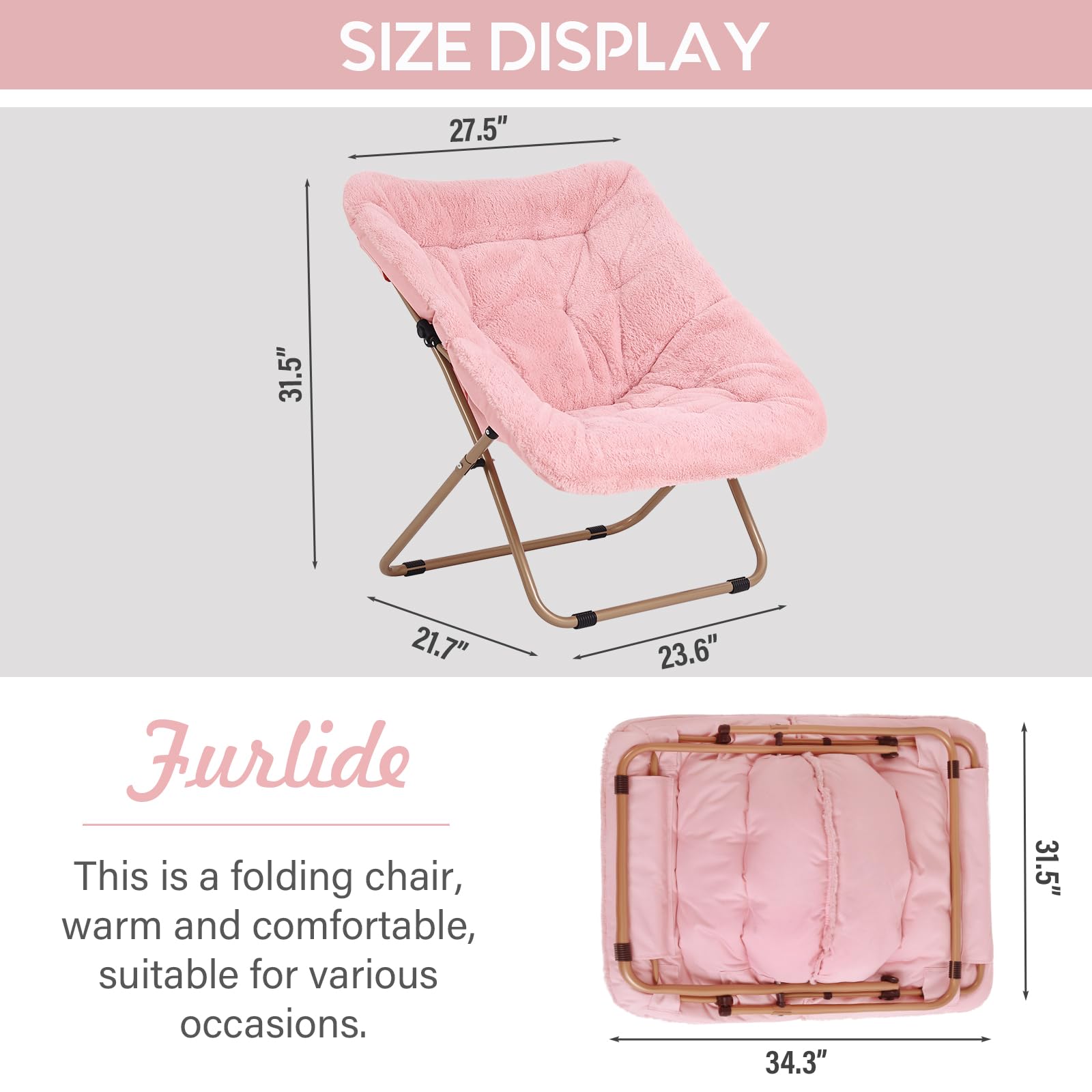 Furlide Dorm Chair, Comfy Bedroom Chairs, Oversized Folding Faux Fur Chair, Foldable Metal Frame Chair for Bedroom, Living Room, Balcony (Pink)