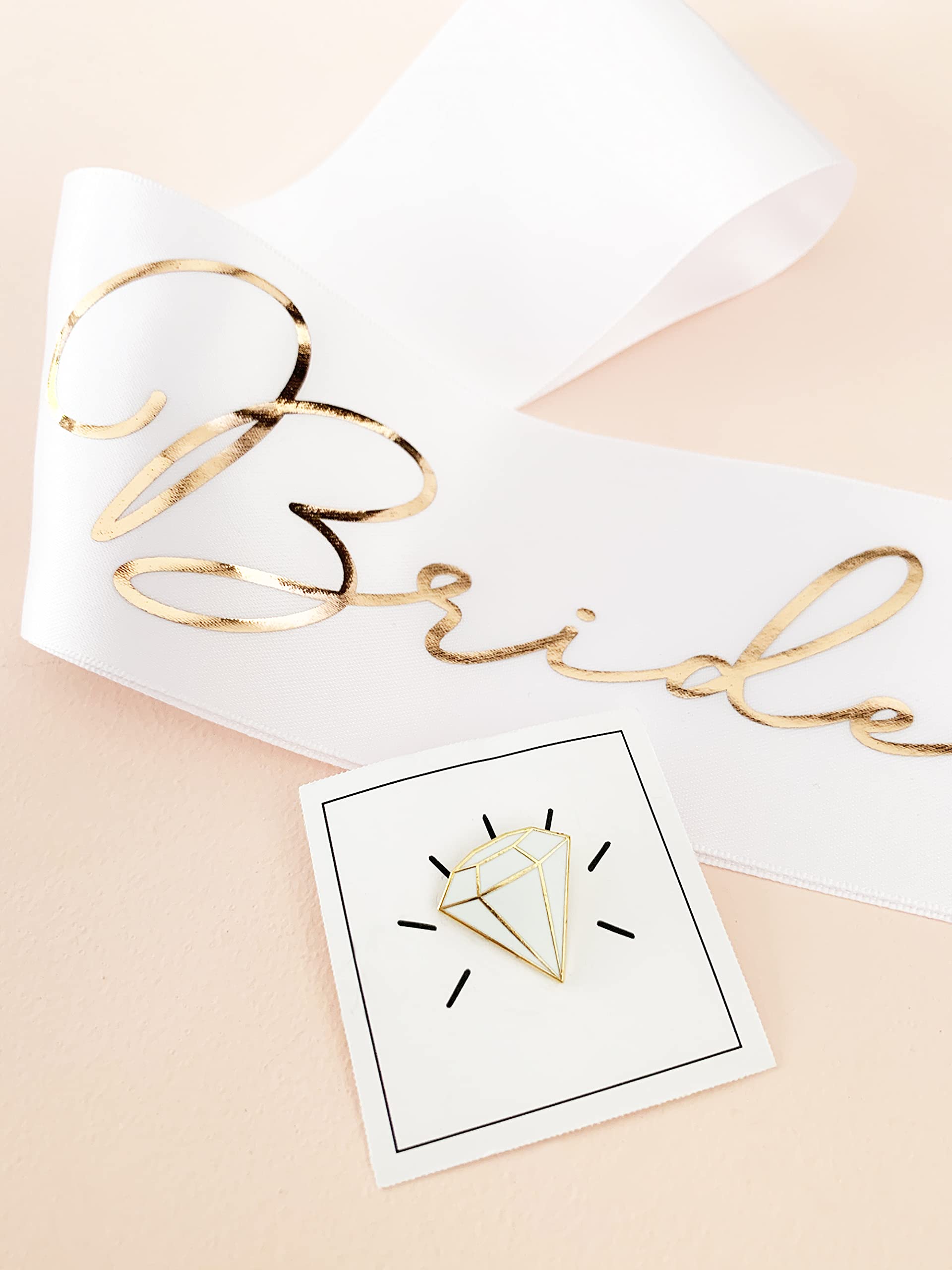 ModParty Bride to Be Sash| Bachelorette Party Sash | White + Gold Sash For Bride | Bridal Shower White Satin Sash | Includes Diamond Pin + Gift Box | Bachelorette Decorations