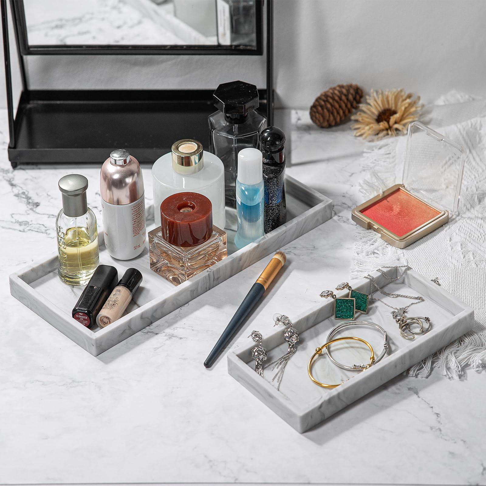 YEMTAL Bathroom Sink Countertop Vanity Organizer Tray, Silicone Kitchen Organizer Soap Tray, Organizer Counter Tray for Jewelry Perfume Cosmetics Keys - White Rectangular Set 7.7”+ 11.7”