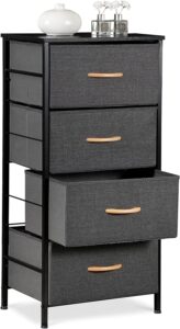 oteymart storage drawers with 4 drawers, fabric tower organizer unit for bedroom,living room, nurseries,closet, clothes, steel frame,wood top, easy pull wood handles bins, dark gray