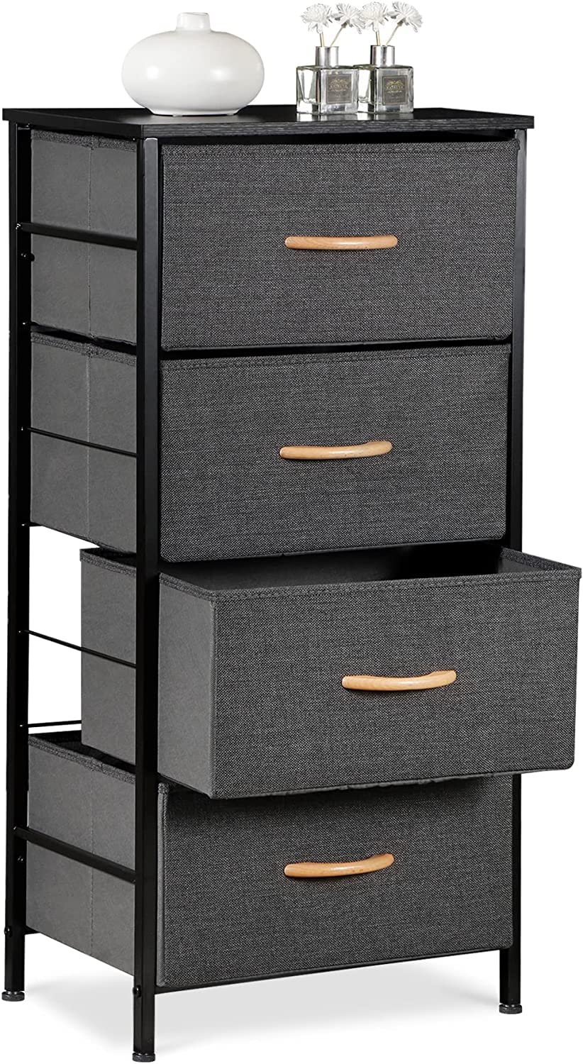 Oteymart Storage Drawers with 4 Drawers, Fabric Tower Organizer Unit for Bedroom,Living Room, Nurseries,Closet, Clothes, Steel Frame,Wood Top, Easy Pull Wood Handles Bins, Dark Gray