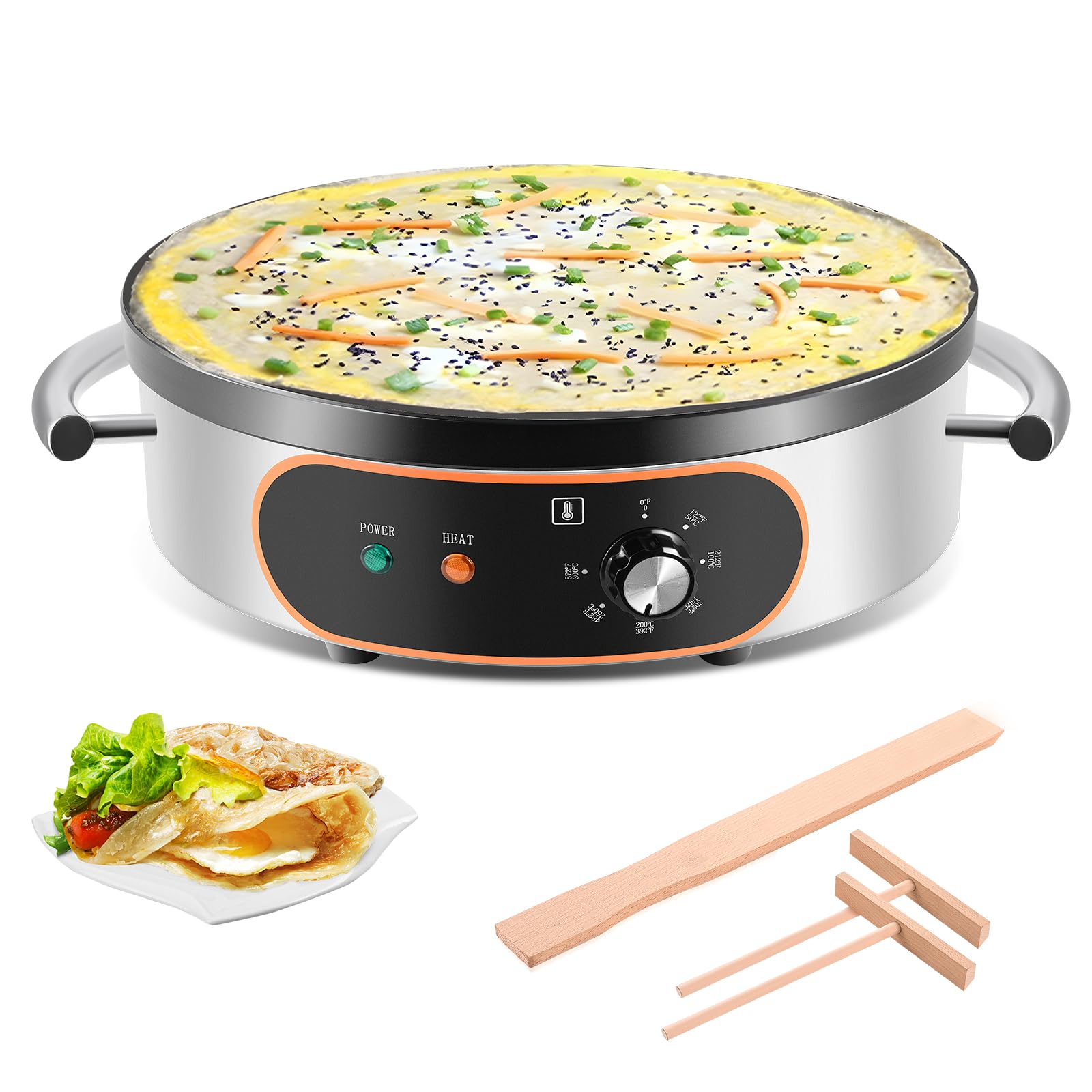 BOEASTER Commercial Crepe Maker, 16" Non-Stick 2000W Electric Crepe Machine Adjustable Temperature Control, Thickened Cast Iron Cooking Surface Pancakes Maker Griddle with Handle