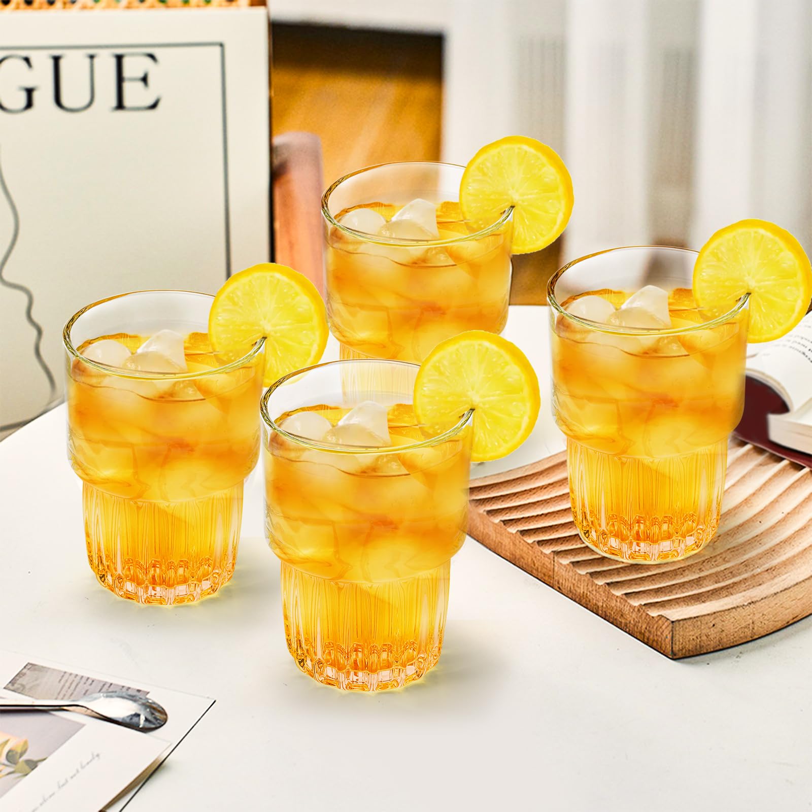 DEAYOU 6 Pack Drinking Glasses Set, 12 OZ Clear Striped Iced Tea Water Glass Cup, Stackable Rocks Glasses, Thick Tempered Glass Tumbler with Heavy Base for Juice, Milk, Cocktail, Spirits, Daily Use