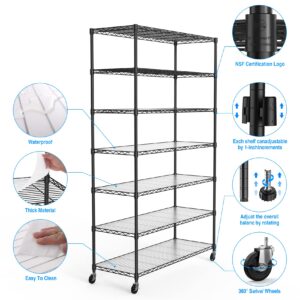 pouseayar NSF Heavy-Duty 7-Tier Metal Shelving Unit - 2450 lbs Capacity, Adjustable, with Wheels/Leveling feet & Waterproof Shelf Liners - Ideal for Garage, Kitchen, and More - Black