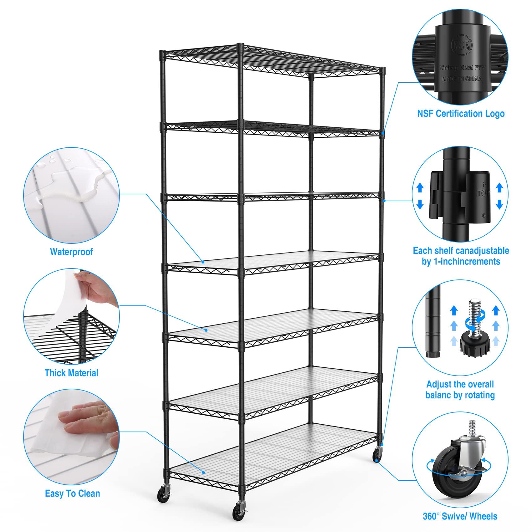 pouseayar NSF Heavy-Duty 7-Tier Metal Shelving Unit - 2450 lbs Capacity, Adjustable, with Wheels/Leveling feet & Waterproof Shelf Liners - Ideal for Garage, Kitchen, and More - Black