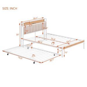 Full Size Platform Bed with Trundle, Metal Full Platform Bed Frame with Upholstered Headboard, Sockets, USB Ports and Slat Support, No Box Spring Needed, White