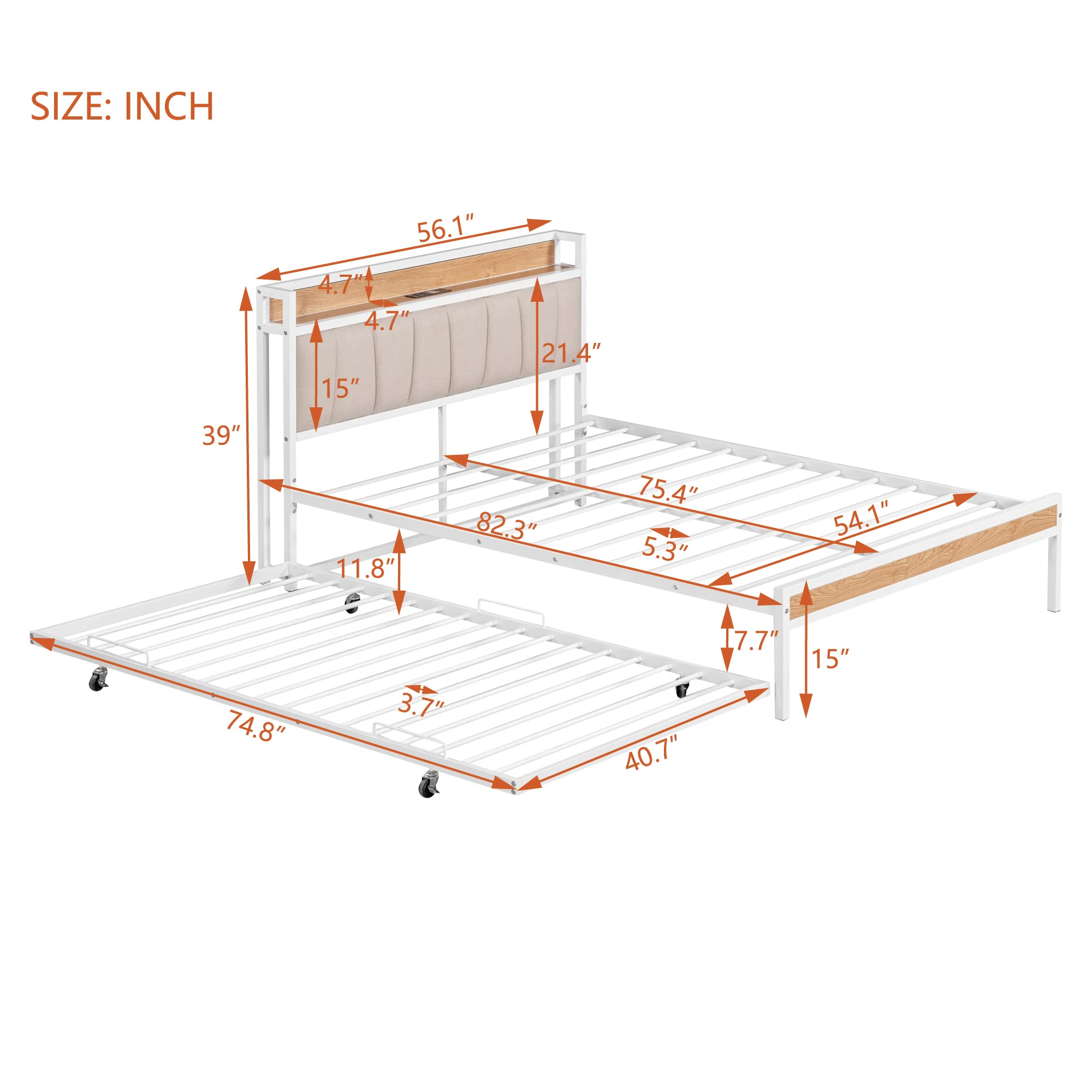 Full Size Platform Bed with Trundle, Metal Full Platform Bed Frame with Upholstered Headboard, Sockets, USB Ports and Slat Support, No Box Spring Needed, White