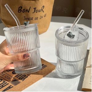 Lioong 2pcs Clear Glass Cups with Lids and Straws,Ice Coffee Cups With Lids,Glass Coffee Tumbler with Sip Lid,Glass Cups Go Traveling Coffee Mugs For Cold Drinks, Smoothie, Juice,Drinking (400ml)