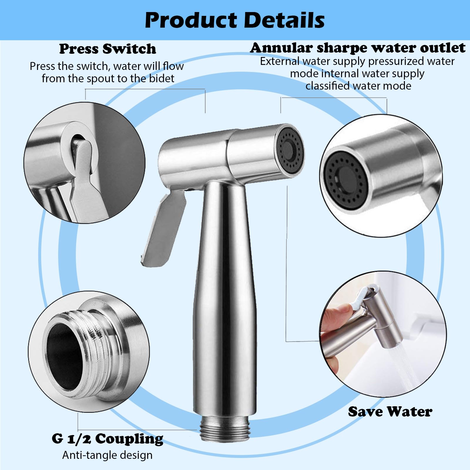 AITUOSI Handheld Bidet Sprayer Kit with Brass Diverter, 59-Inch PU Shower Hose, and Teflon Tape - Polished Finish