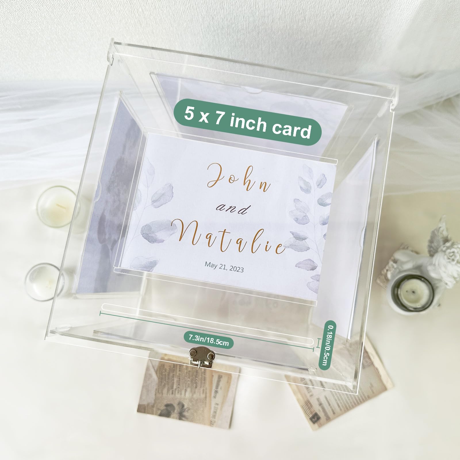 OurWarm Acrylic Wedding Card Box with Picture Frame for 8x10 Photos, Large Rotatable Envelope Post Money Gift Box Holder with Lock Slot for Reception Anniversary Graduation Birthday Party Baby Shower