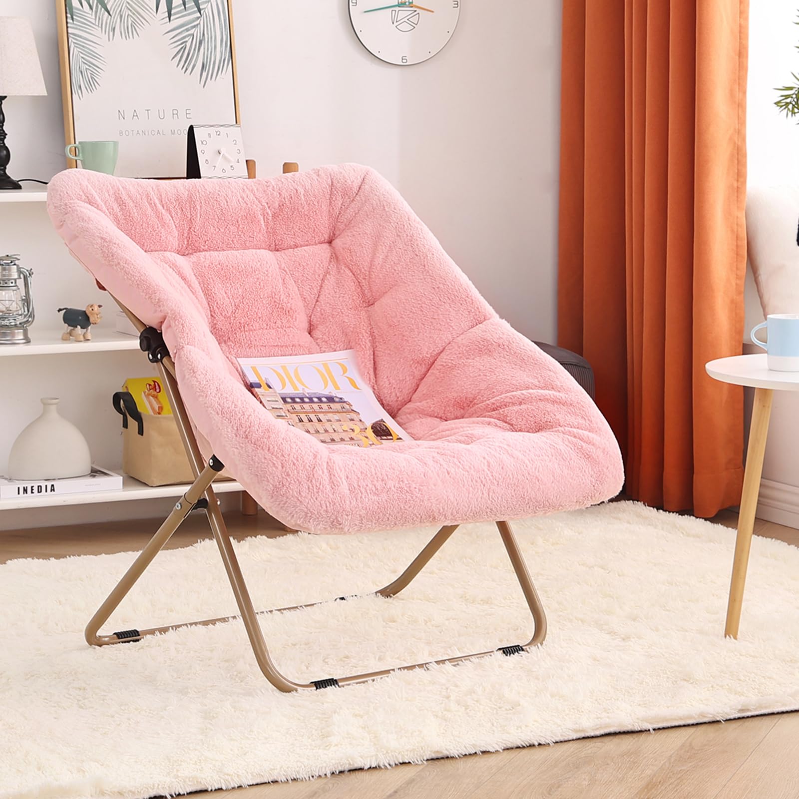 Furlide Dorm Chair, Comfy Bedroom Chairs, Oversized Folding Faux Fur Chair, Foldable Metal Frame Chair for Bedroom, Living Room, Balcony (Pink)