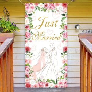 LOONELO Just Married Wedding Door Cover with 70.8''X35.4'', Floral Bridal Shower Hanging Banner Porch Sign for New Couple Wedding Ceremony, Engagement, Bachelorette Party Supplies