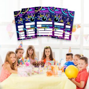 FujLoy Bowling Birthday Invitation, Bowling Birthday party Invitation Cards, Rainbow Neon Glow Bowling Invite.（052）