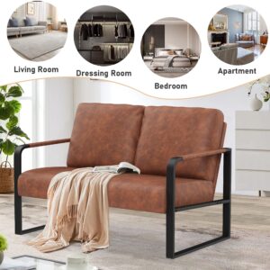 POINTANT Love Seat Mini Couch Small Settee Loveseat Bench for Living Room, Faux Leather Loveseat Sofa Small Sofa Couches for Small Spaces with Padded Cushion, Mid Century Modern Dark Brown Love Seats