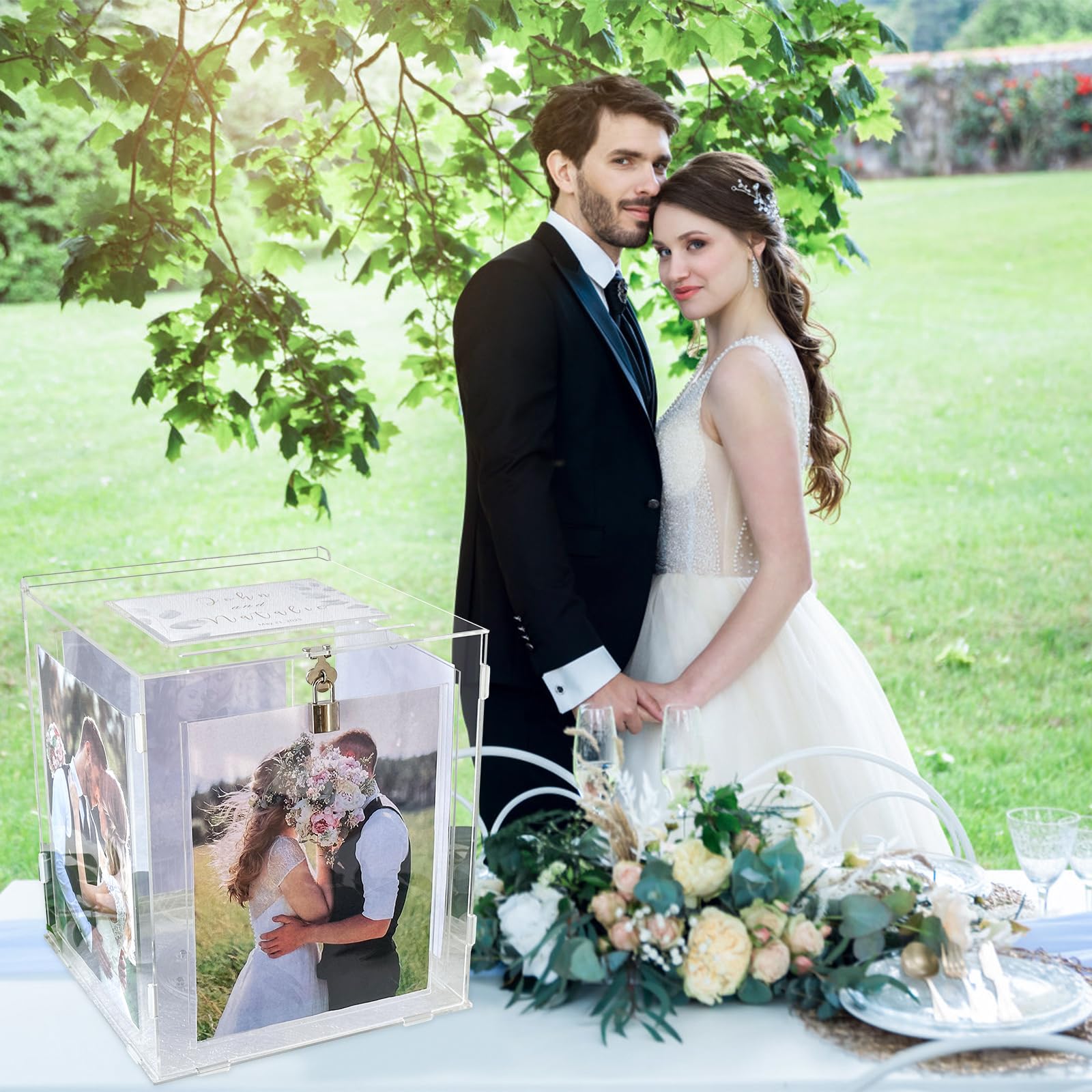 OurWarm Acrylic Wedding Card Box with Picture Frame for 8x10 Photos, Large Rotatable Envelope Post Money Gift Box Holder with Lock Slot for Reception Anniversary Graduation Birthday Party Baby Shower