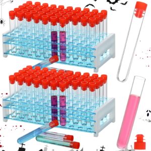 xuhal 100 pcs halloween plastic test tubes with rack, 16 x 100 mm clear test tubes with caps 10 ml test tubes with lids and 50 holes test tube holder for nurse party decorations party favors