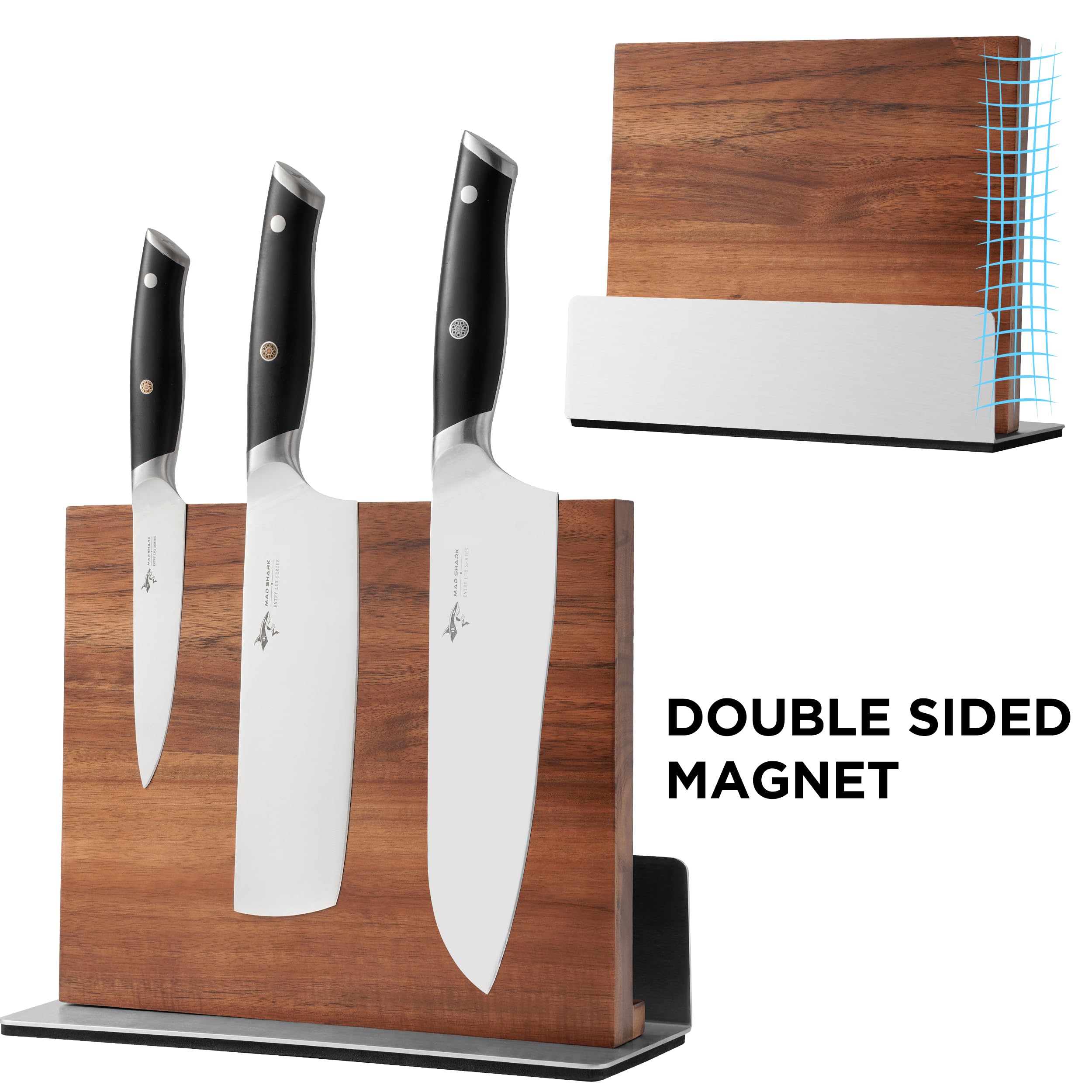 HBlife Double Sided Magnetic Knife Block Kitchen Knife Holder Rack with Strong Magnets Acacia Wood Knife with Cutting Board Storage Stand