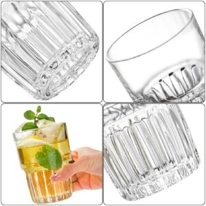 DEAYOU 6 Pack Drinking Glasses Set, 12 OZ Clear Striped Iced Tea Water Glass Cup, Stackable Rocks Glasses, Thick Tempered Glass Tumbler with Heavy Base for Juice, Milk, Cocktail, Spirits, Daily Use