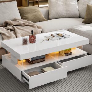 ikifly modern high glossy coffee table, white coffee table with 2 storage drawers and acrylic design open space, rectangle coffee table with 16 colors led lights for living room