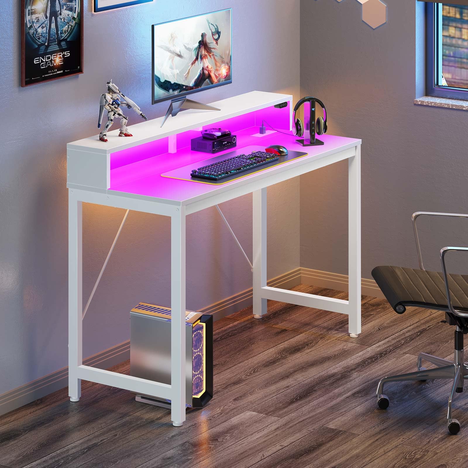 Rolanstar Computer Desk 39 inch with LED Lights & Power Outlets, Home Office Desk with Monitor Shelf, Gaming Desk, Writing Desk, Study Desk for Student & Kids, White