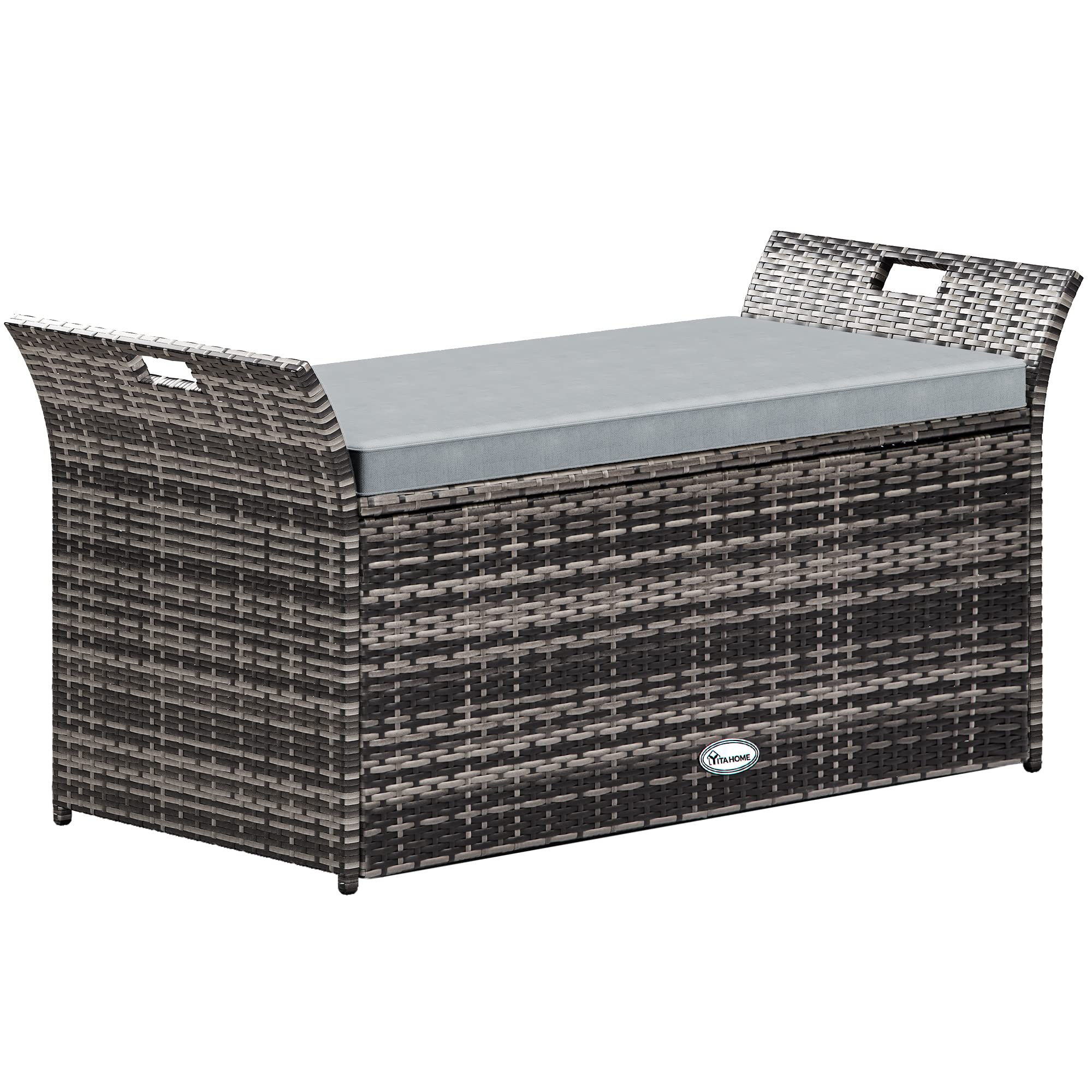 YITAHOME 90 Gallon Outdoor Wicker Storage Bench w/Cushion, Large PE Rattan Deck Storage Box w/Handles & Hydraulics for Patio Furniture, Cushions, Garden Tools, Pool & Sports Equipment, Light Gray