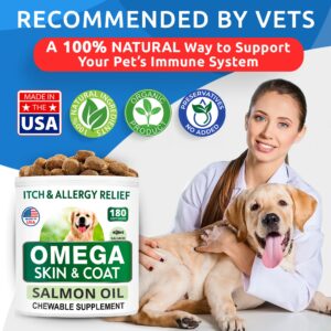 Omega 3 for Dogs and Cats - 180 Fish Oil Treats for Dog Shedding, Skin Allergy, Itch Relief, Hot Spots Treatment - Joint Health - Skin and Coat Supplement - EPA & DHA Fatty Acids - Salmon Oil - Bacon