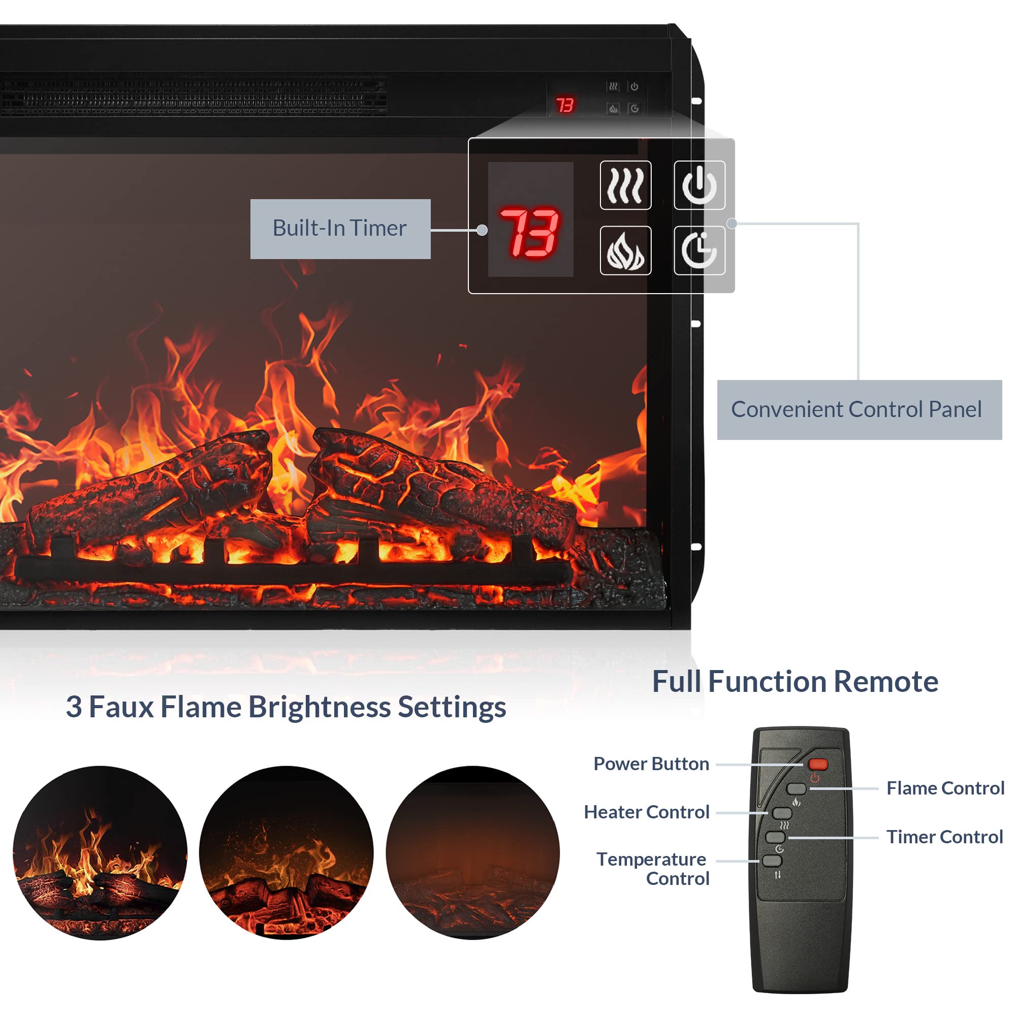 BELLEZE 23" Electric Fireplace Insert w/Fire Crackling Sound, Recessed Fireplace Heater with Remote Control, Indoor Fireplace Heater with Adjustable Brightness, Timer, Automatic Temperature Control