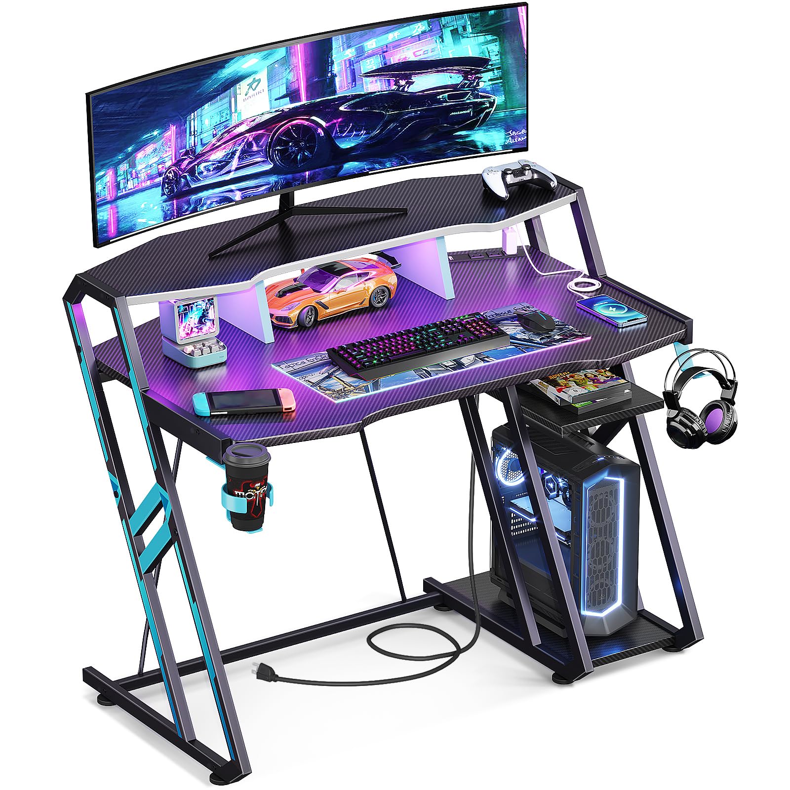 MOTPK Gaming Desk with Power Outlet & LED Lights, Gaming Computer Desk 39inch with PC Storage Shelf, Gaming Table with Carbon Fiber Texture, Gamer Desk, Gift for Boys Men, Black