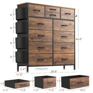 Lulive Dresser for Bedroom with 12 Drawers, Tall Dresser Chest of Drawers with Side Pockets and Hooks, Fabric Dresser Storage Tower for Closet, Hallway, Living Room (Rustic Brown)