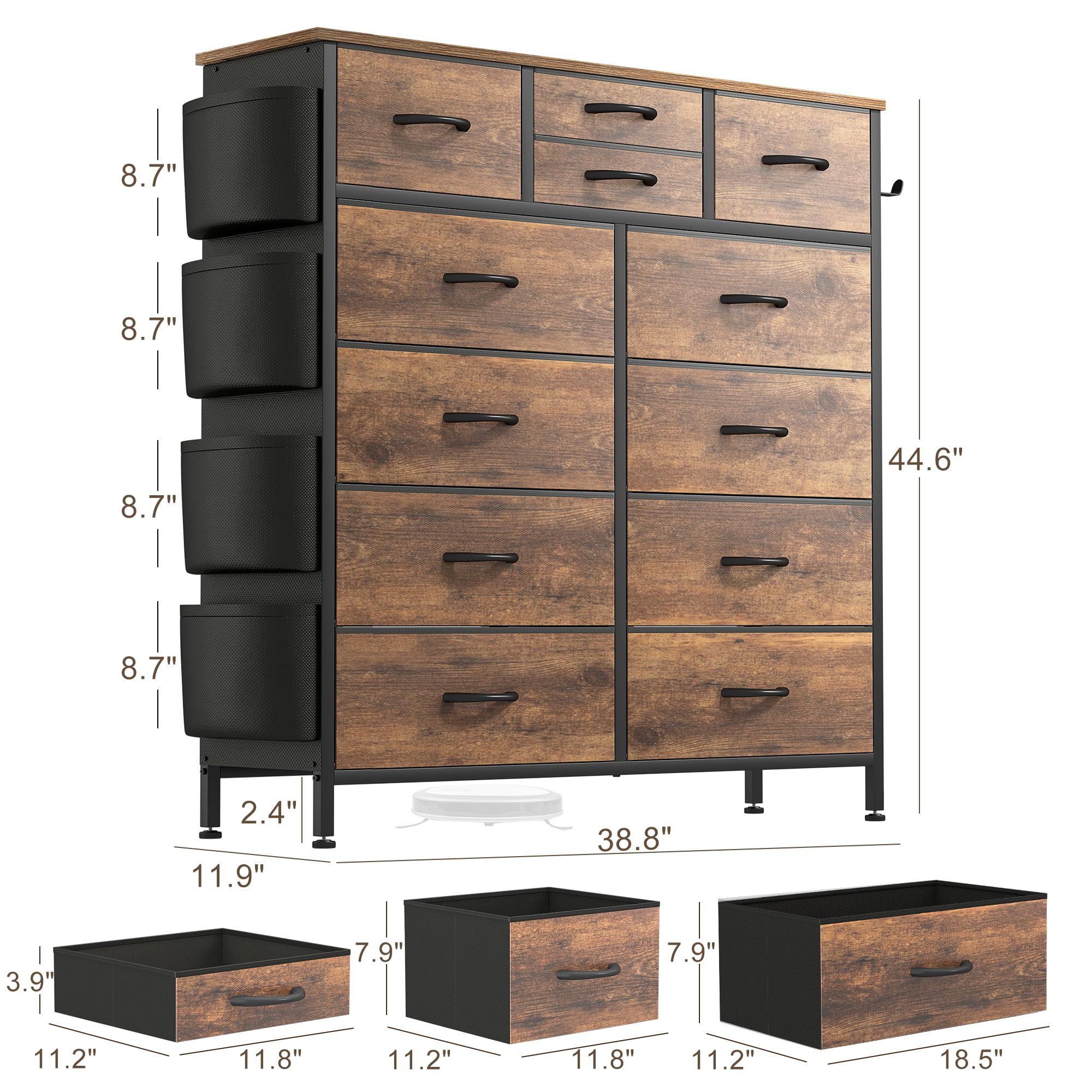 Lulive Dresser for Bedroom with 12 Drawers, Tall Dresser Chest of Drawers with Side Pockets and Hooks, Fabric Dresser Storage Tower for Closet, Hallway, Living Room (Rustic Brown)