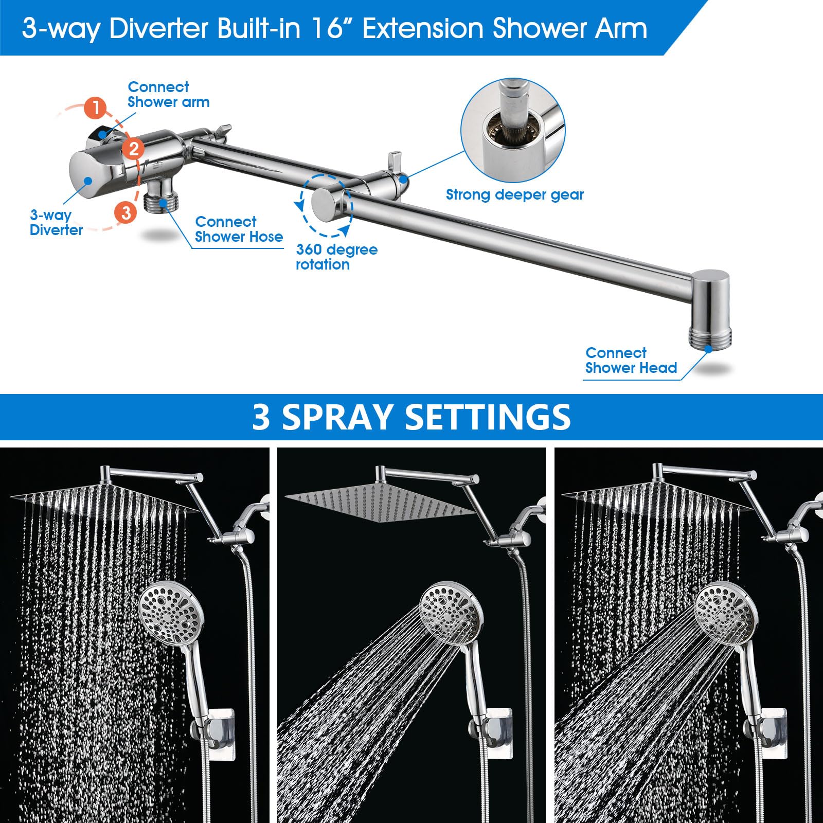 PDP Bath 10" Rainfall Shower Head with Handheld Spray, Dual Rain Showerhead with High Pressure 10-Setting Wand Combo, 16" Adjustable Extension Arm Build-in 3-way Diverter, 6ft Hose - Chrome