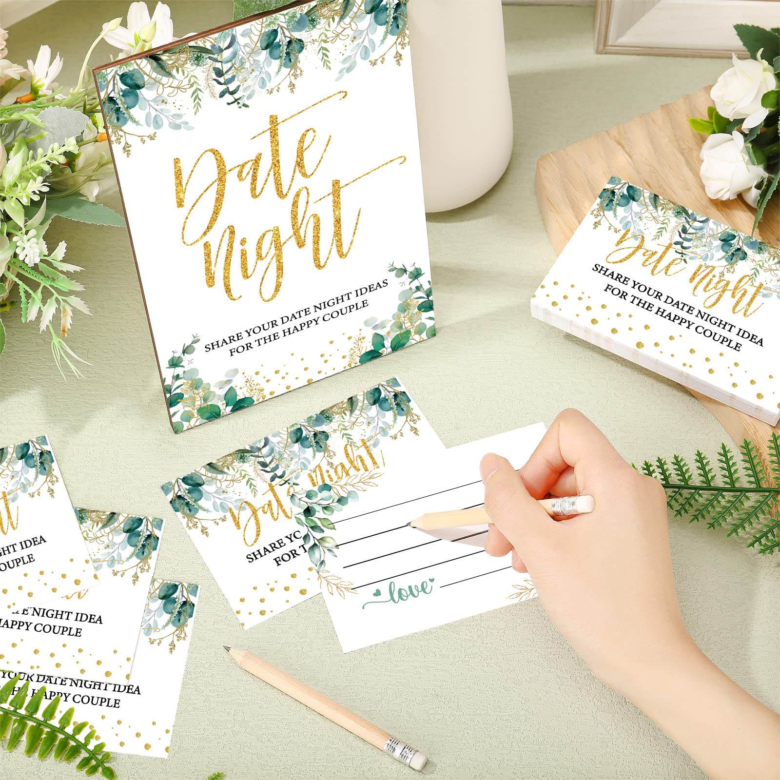 Wesiti 51 Pieces Eucalyptus Leaves Bridal Shower Games Date Night Game Sign and 50 Cards Greenery Bridal Shower Bachelorette Games Supplies Wedding Shower Games