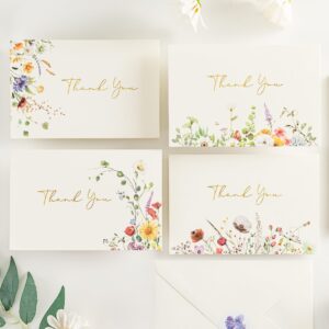 crisky thank you cards 4 assortment, gold foil watercolor wildflowers (50 cards with envelopes for birthday, baby shower, bridal shower, wedding, all occasion)