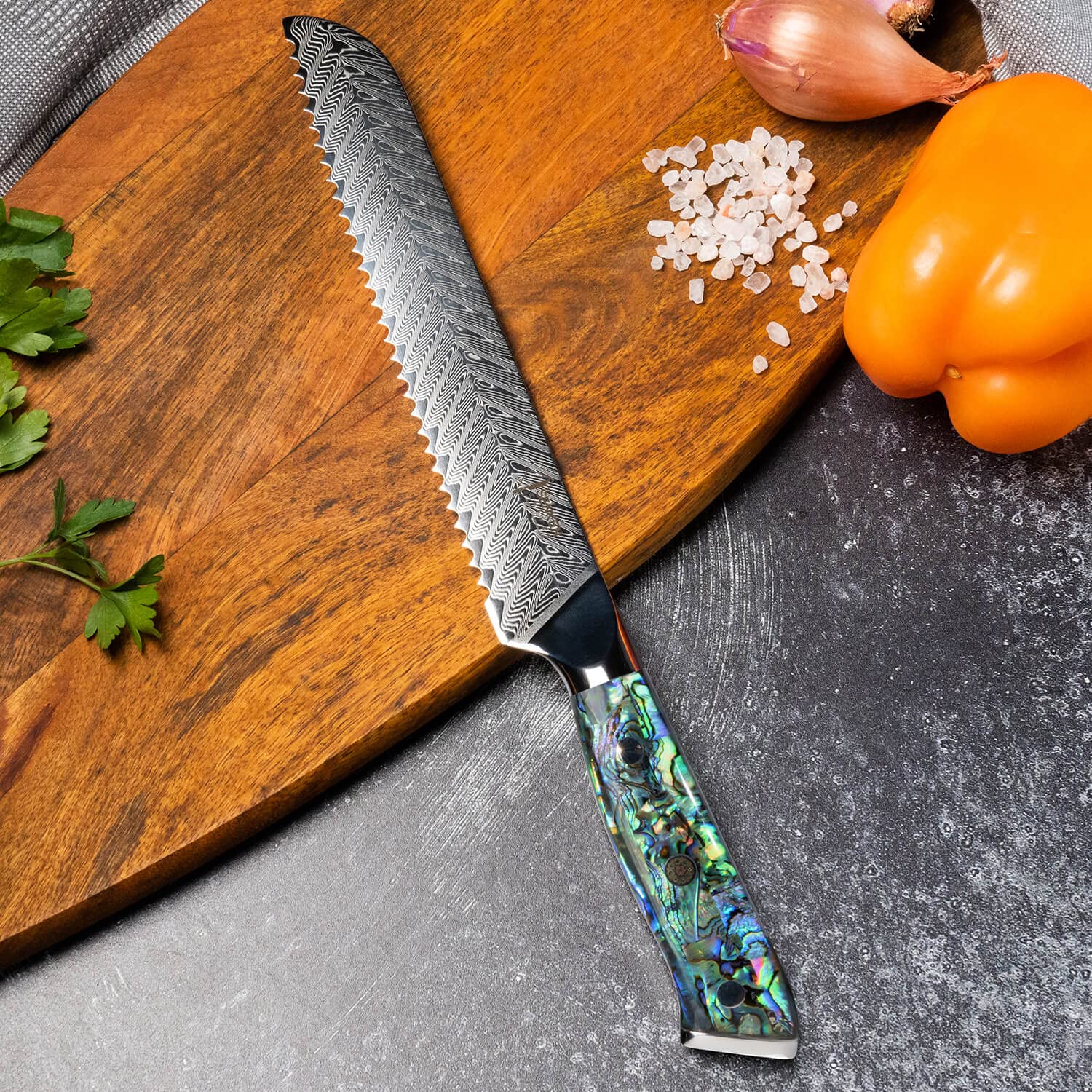 SENKEN 8" Damascus Steel Bread Knife - Umi Collection - 67-Layer Japanese VG10 Steel, Real Deep-Sea Abalone Shell Handle (Damascus Serrated Bread Knife)